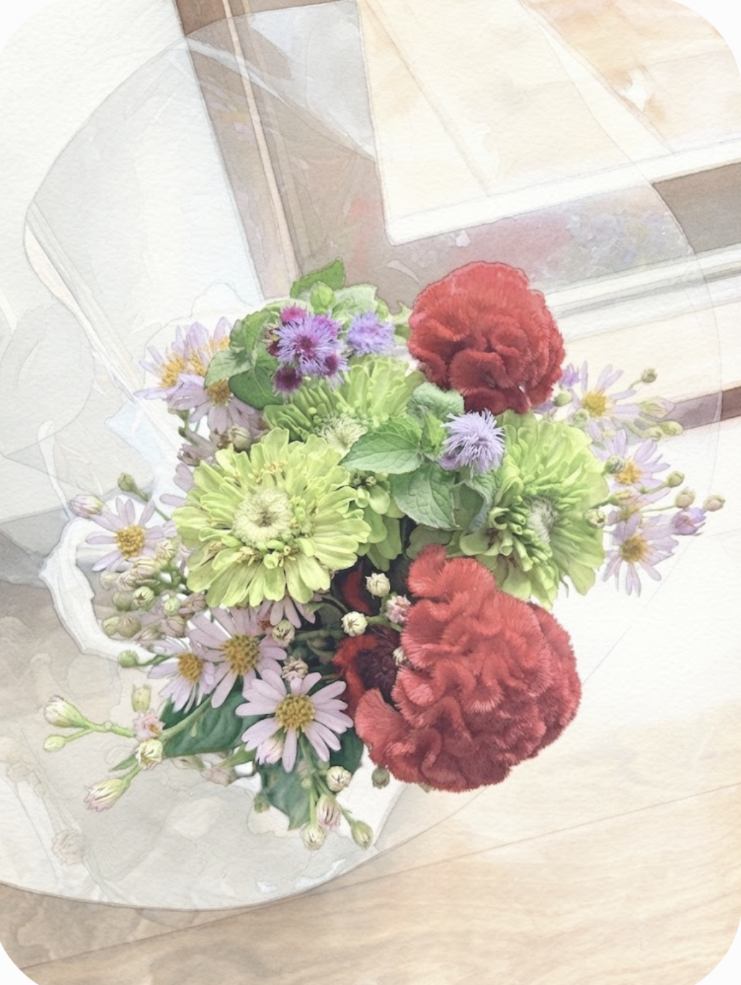 月命日に供えた赤いケイトウと紫の小花のブーケ