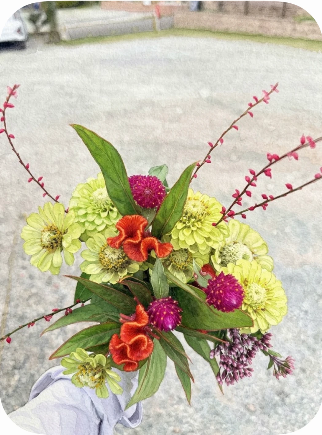 月命日に供えるために選んだ、黄緑やオレンジなどのお花の花束